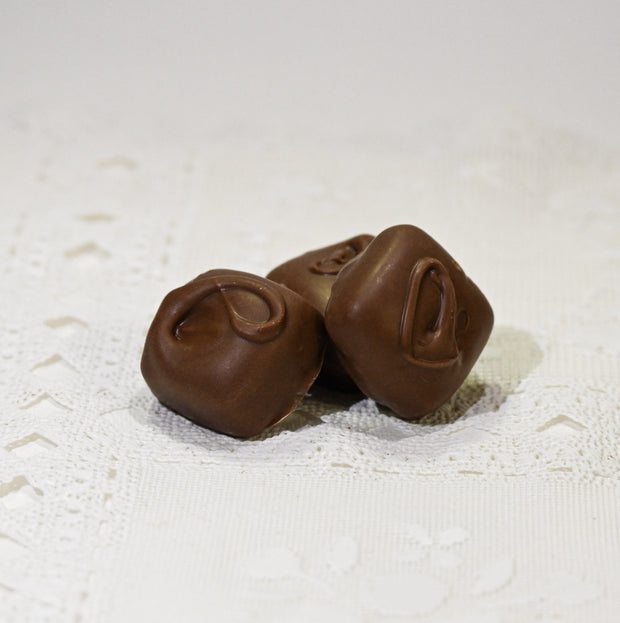 Chocolate nougat candy on white textured background