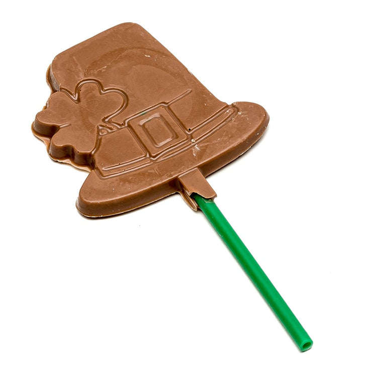 Milk Chocolate Straight Brim Leprechaun Hat with Shamrock Sucker